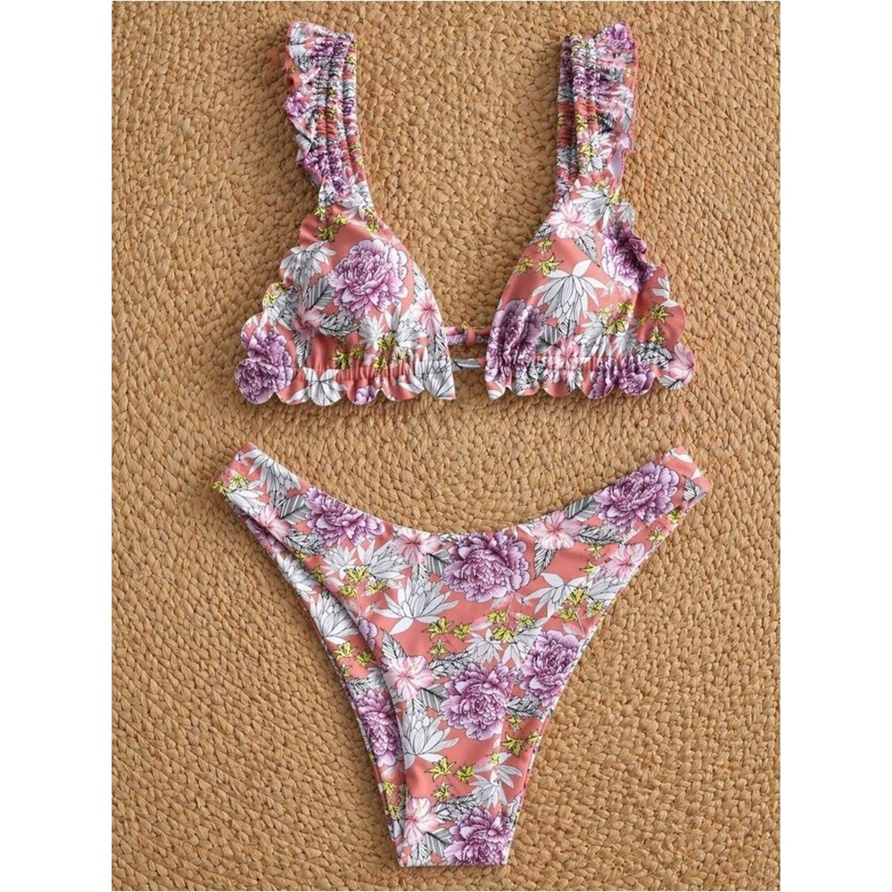 NWT Pilot Active Valencia Bikini Set Floral Ruffle Pink 2 Piece Swimsuit Large